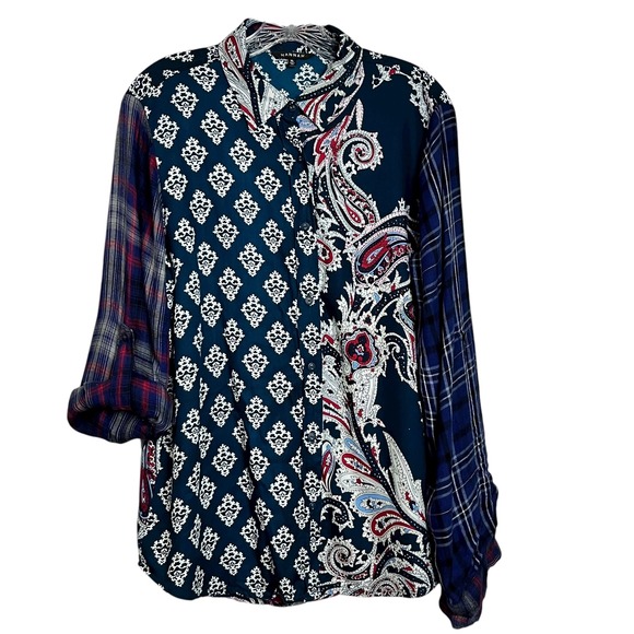Hannah XL Button Down Shirt Multicolor Patchwork Paisley Plaid Long Sleeve (3037 - Picture 1 of 10
